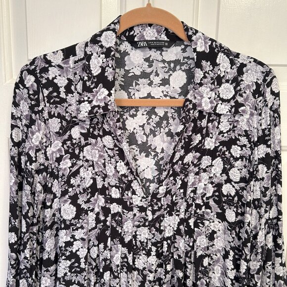 Zara black floral print open collar mini dress - Picture 4 of 12